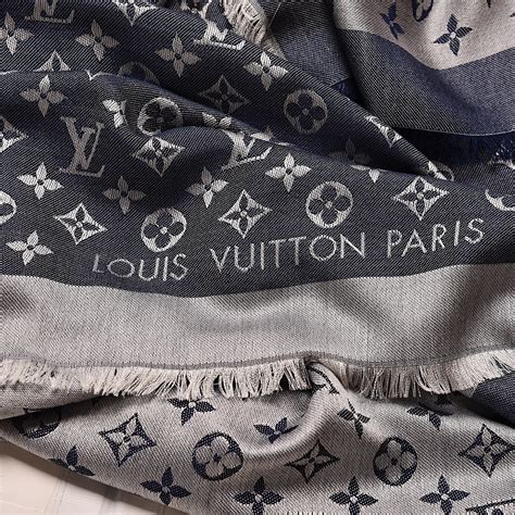 louis vuitton monogram denim shawl blue silk|Louis Vuitton brown monogram scarf.